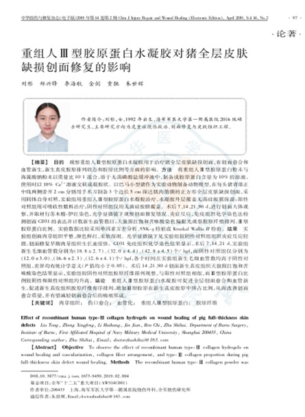 2019 動(dòng)物研究，重組人Ⅲ型膠原蛋白水凝膠對(duì)豬全層皮膚缺損創(chuàng)面修復(fù)的影響